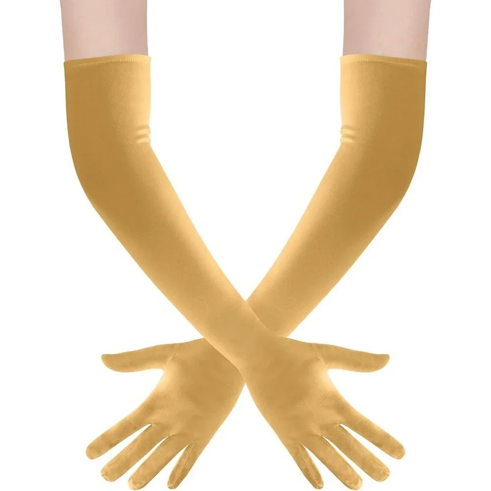 Women's Gold Long Satin Opera Fabric Gloves Party Tea Stretchy Elbow Length
